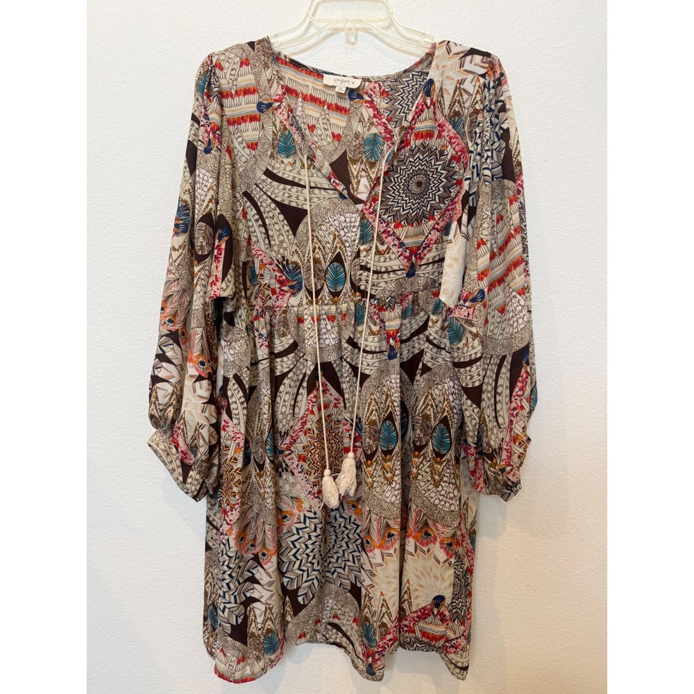 Umgee Plus Womens‎ 2XL Boho Geometric Feather Print Tassel Tunic Dress